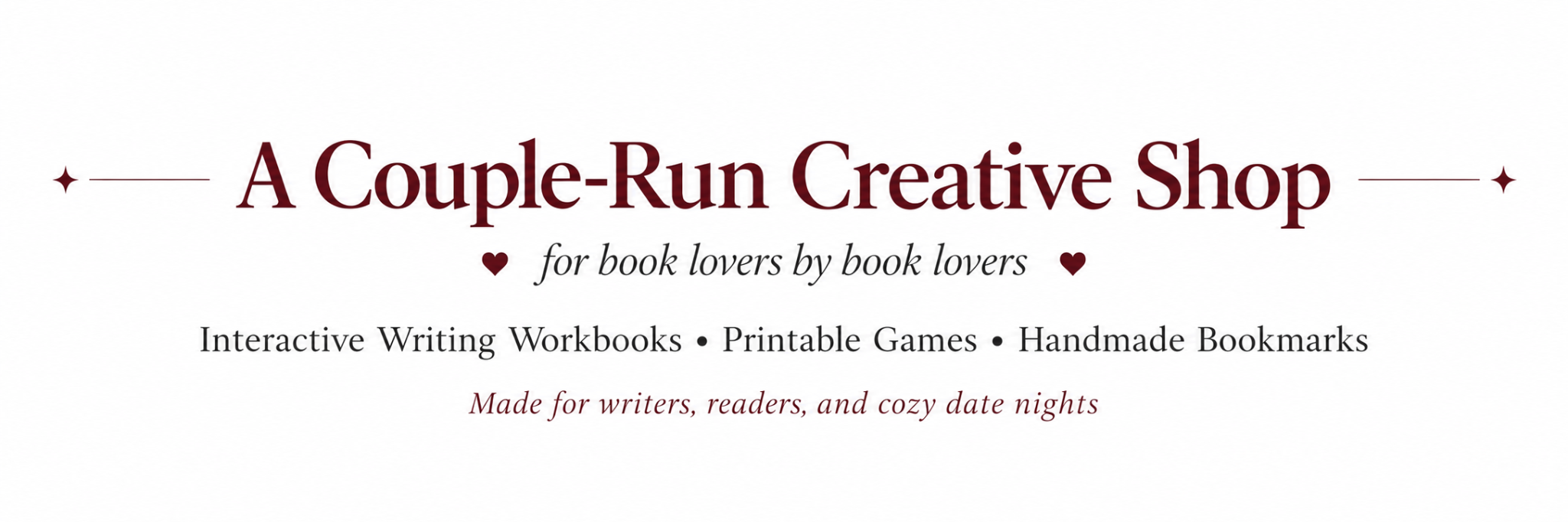 A couple-run creative shop for book lovers by book lovers, offering interactive writing workbooks, printable games, and handmade bookmarks